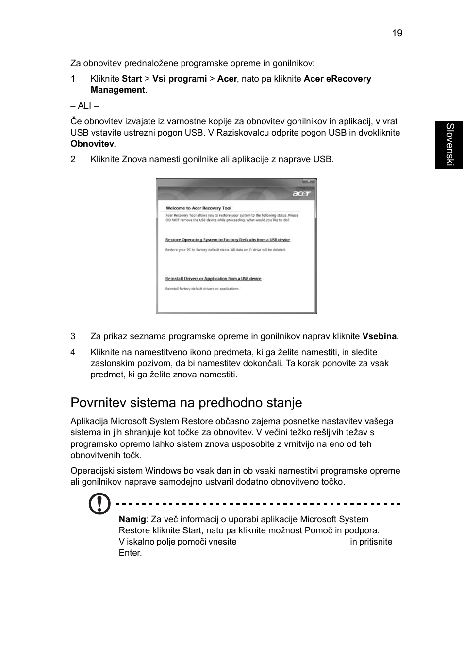 Povrnitev sistema na predhodno stanje | Acer Aspire 4830G User Manual | Page 1259 / 2354