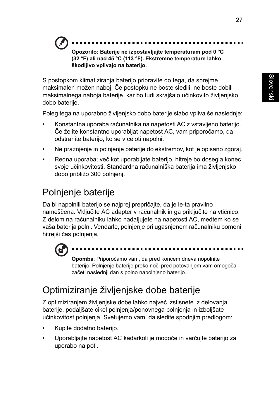 Polnjenje baterije, Optimiziranje življenjske dobe baterije | Acer Aspire 4830G User Manual | Page 1267 / 2354