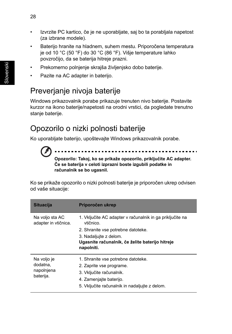 Preverjanje nivoja baterije, Opozorilo o nizki polnosti baterije | Acer Aspire 4830G User Manual | Page 1268 / 2354