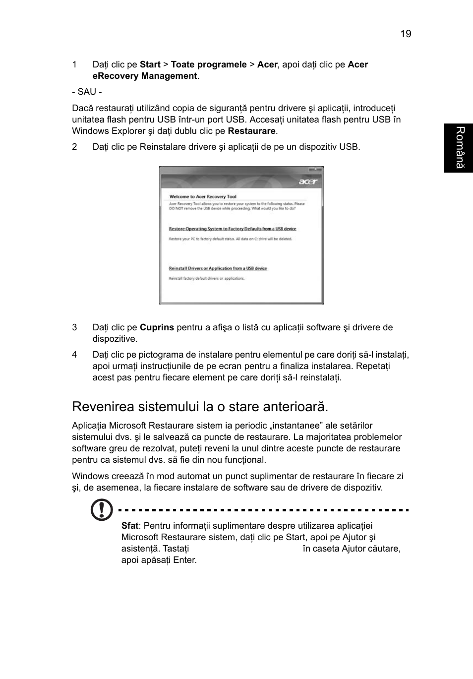 Revenirea sistemului la o stare anterioară | Acer Aspire 4830G User Manual | Page 1411 / 2354