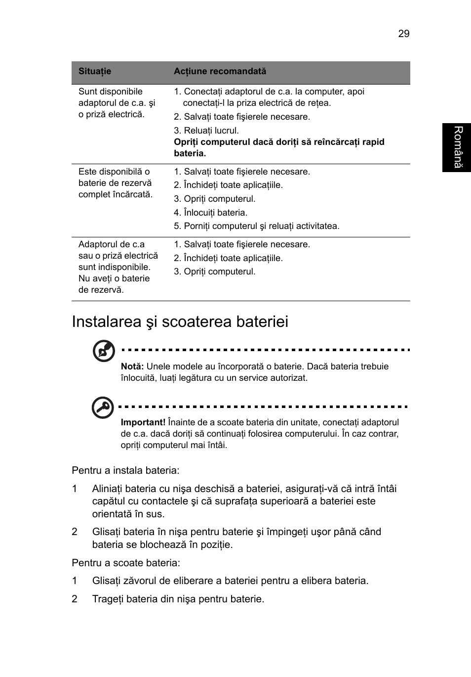 Instalarea şi scoaterea bateriei | Acer Aspire 4830G User Manual | Page 1421 / 2354