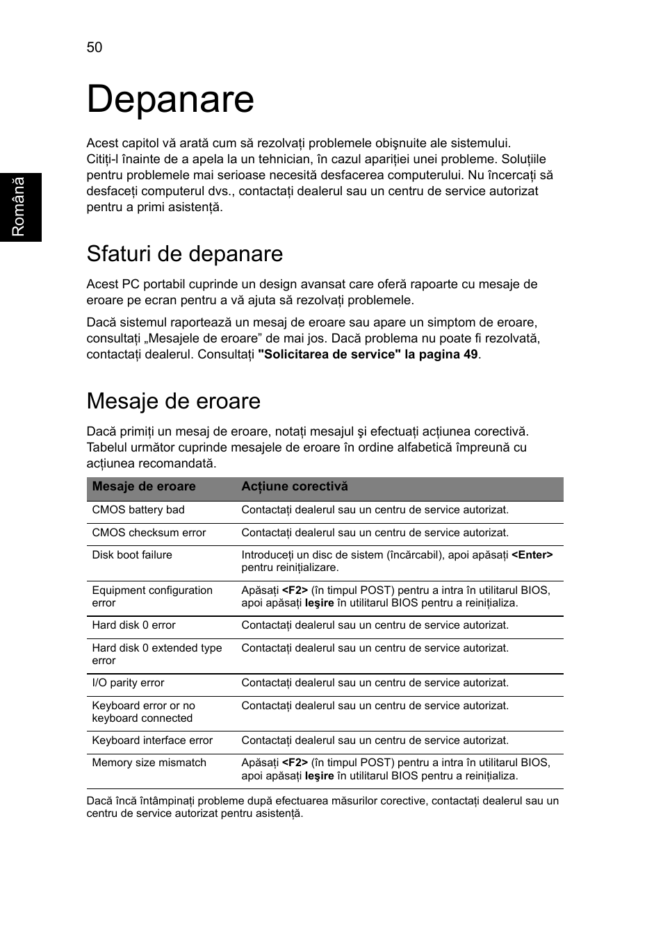 Depanare, Sfaturi de depanare, Mesaje de eroare | Acer Aspire 4830G User Manual | Page 1442 / 2354