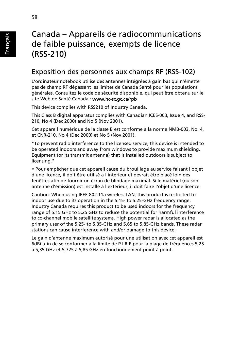 Exposition des personnes aux champs rf (rss-102) | Acer Aspire 4830G User Manual | Page 156 / 2354