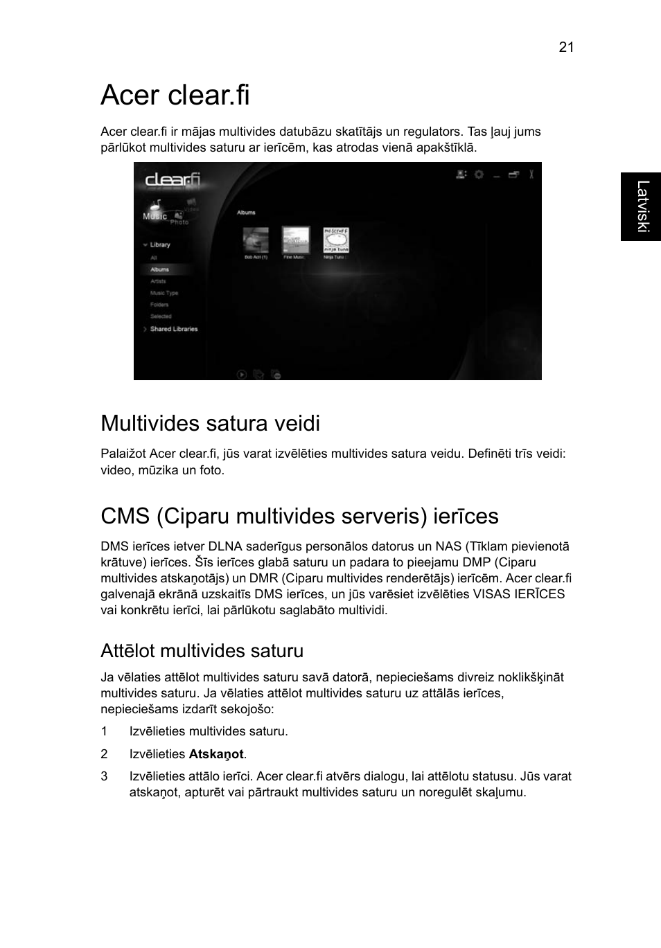 Acer clear.fi, Multivides satura veidi, Cms (ciparu multivides serveris) ierīces | Attēlot multivides saturu | Acer Aspire 4830G User Manual | Page 1643 / 2354