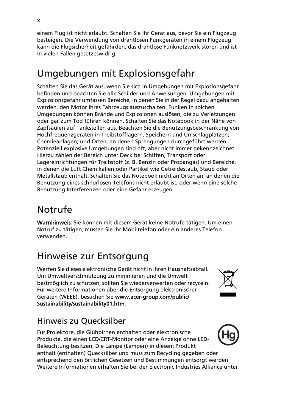 Umgebungen mit explosionsgefahr, Notrufe, Hinweise zur entsorgung | Hinweis zu quecksilber | Acer Aspire 4830G User Manual | Page 168 / 2354