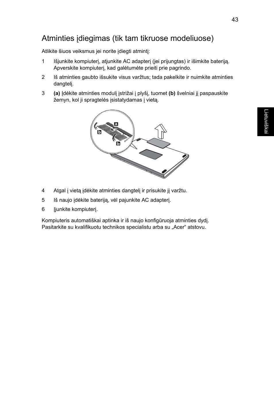 Atminties įdiegimas (tik tam tikruose modeliuose) | Acer Aspire 4830G User Manual | Page 1737 / 2354