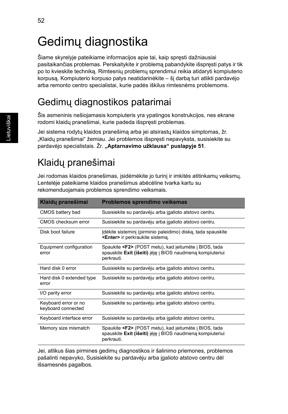 Gedimų diagnostika, Gedimų diagnostikos patarimai, Klaidų pranešimai | Acer Aspire 4830G User Manual | Page 1746 / 2354