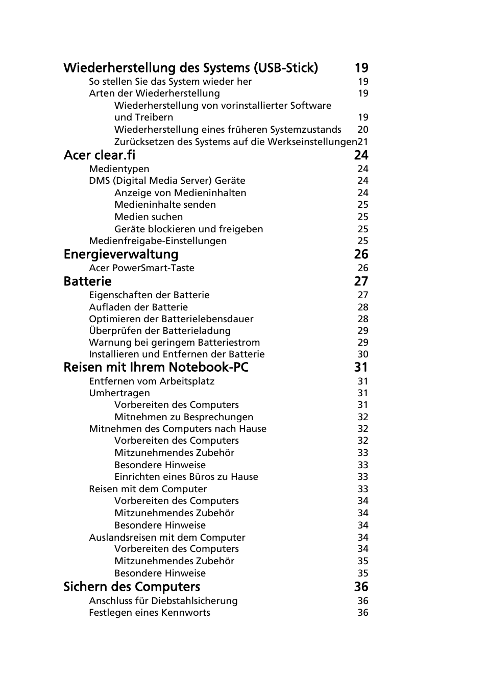 Wiederherstellung des systems (usb-stick) 19, Acer clear.fi 24, Energieverwaltung 26 | Batterie 27, Sichern des computers 36 | Acer Aspire 4830G User Manual | Page 176 / 2354