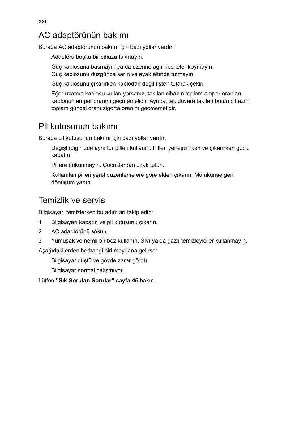 Ac adaptörünün bakımı, Pil kutusunun bakımı, Temizlik ve servis | Acer Aspire 4830G User Manual | Page 1854 / 2354