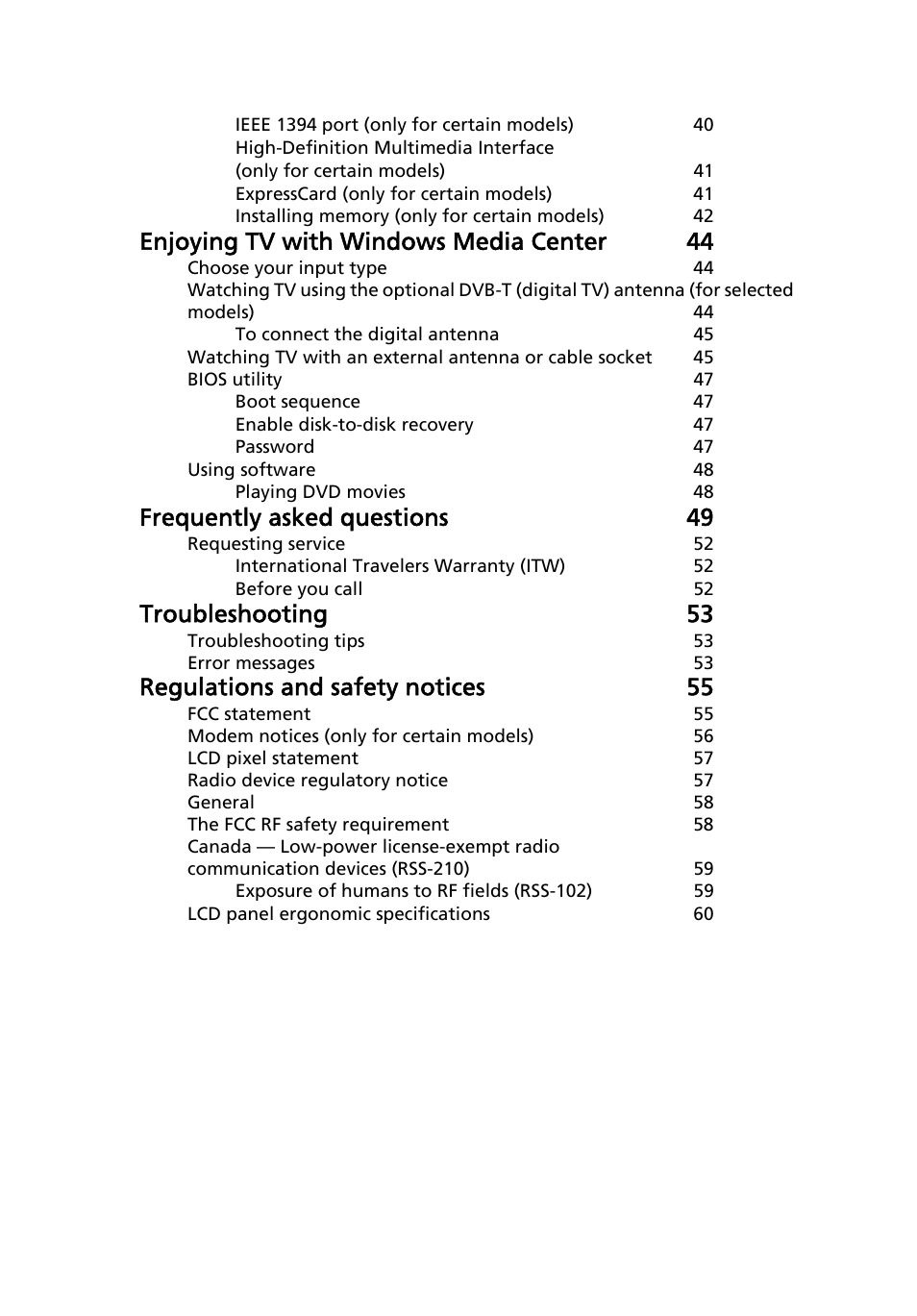 Enjoying tv with windows media center 44, Frequently asked questions 49, Troubleshooting 53 | Regulations and safety notices 55 | Acer Aspire 4830G User Manual | Page 20 / 2354