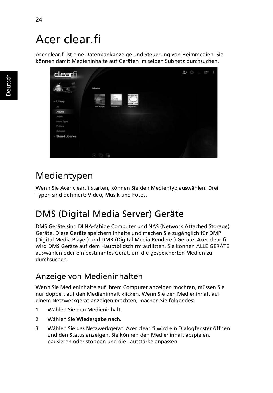 Acer clear.fi, Medientypen, Dms (digital media server) geräte | Anzeige von medieninhalten | Acer Aspire 4830G User Manual | Page 202 / 2354