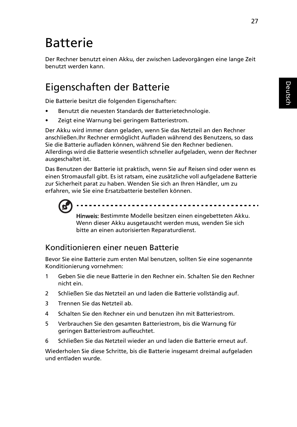 Batterie, Eigenschaften der batterie, Konditionieren einer neuen batterie | Acer Aspire 4830G User Manual | Page 205 / 2354