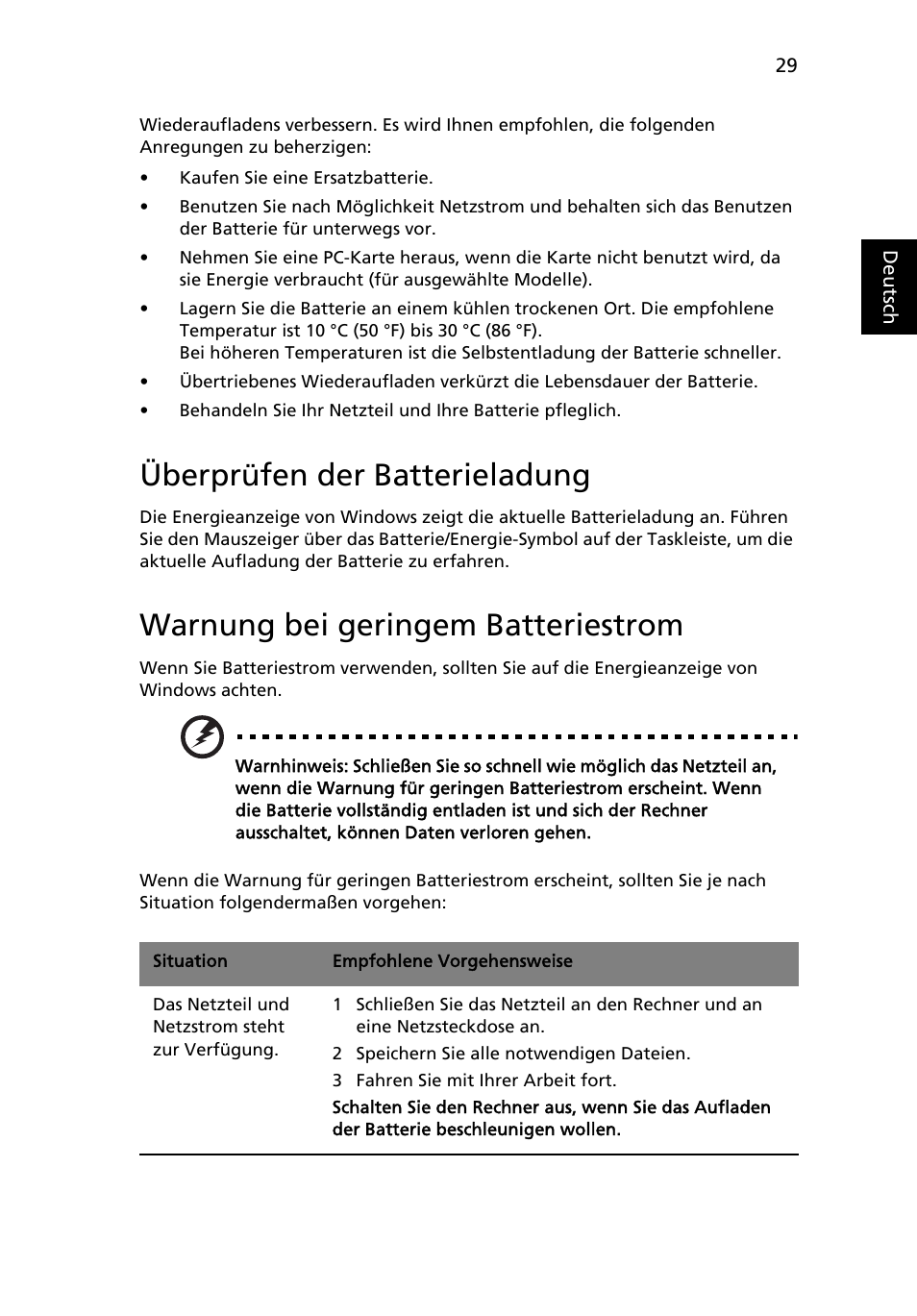 Überprüfen der batterieladung, Warnung bei geringem batteriestrom | Acer Aspire 4830G User Manual | Page 207 / 2354