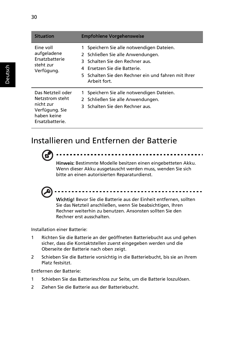 Installieren und entfernen der batterie | Acer Aspire 4830G User Manual | Page 208 / 2354