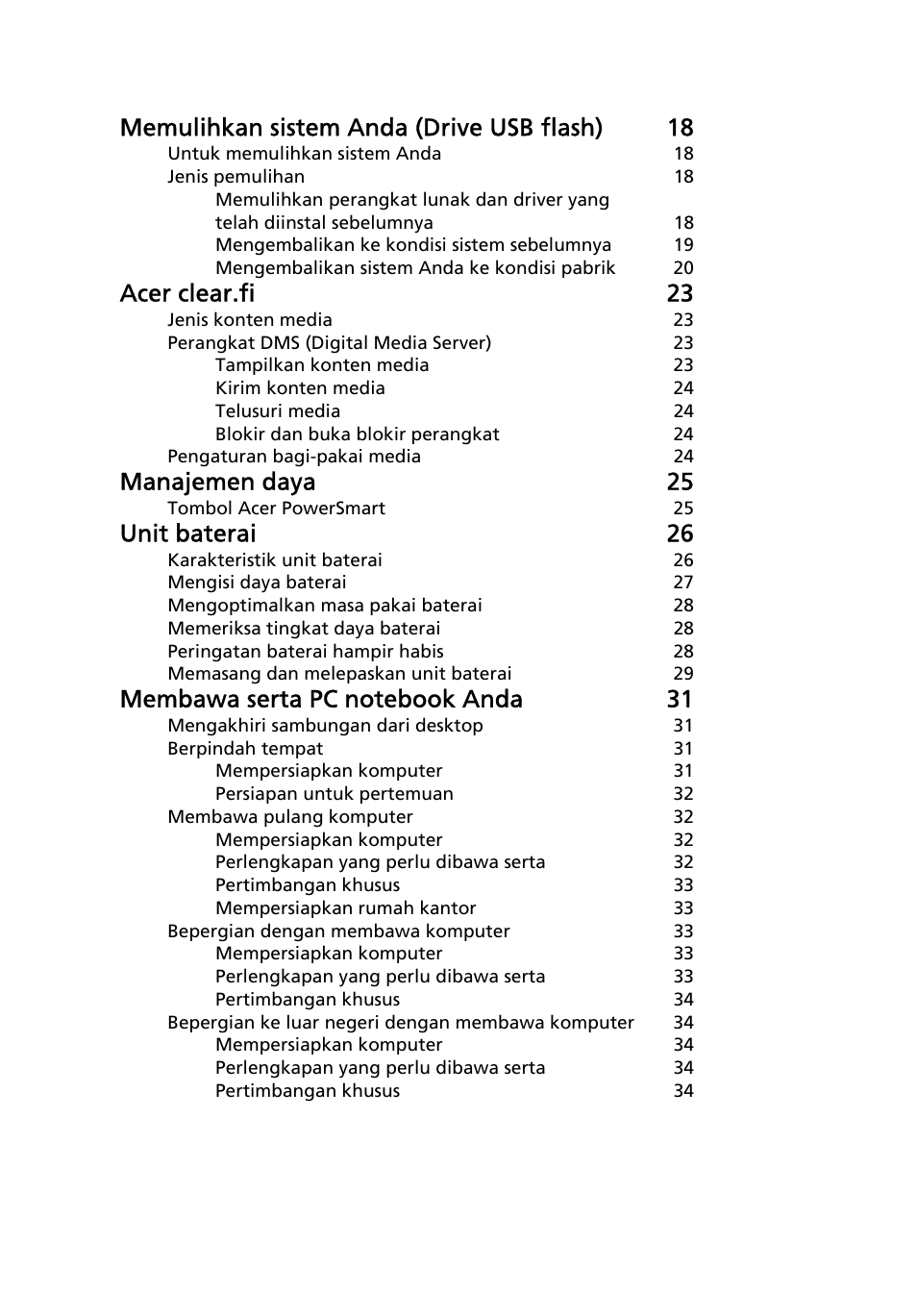 Memulihkan sistem anda (drive usb flash) 18, Acer clear.fi 23, Manajemen daya 25 | Unit baterai 26 | Acer Aspire 4830G User Manual | Page 2216 / 2354