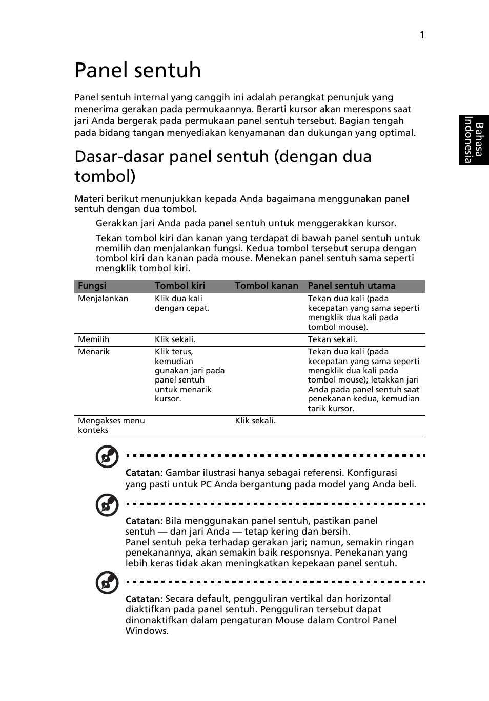 Panel sentuh, Dasar-dasar panel sentuh (dengan dua tombol) | Acer Aspire 4830G User Manual | Page 2219 / 2354