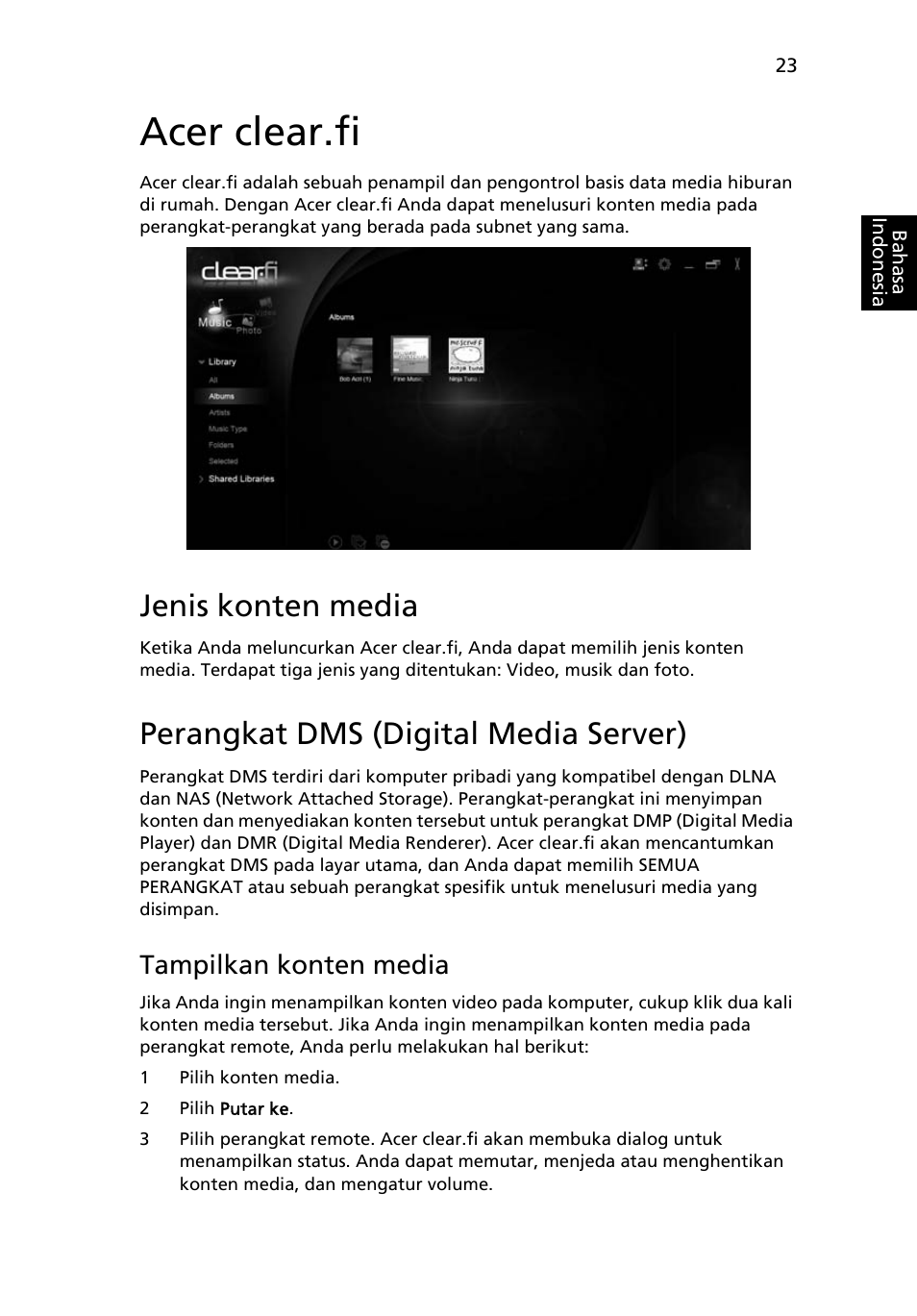 Acer clear.fi, Jenis konten media, Perangkat dms (digital media server) | Tampilkan konten media | Acer Aspire 4830G User Manual | Page 2241 / 2354