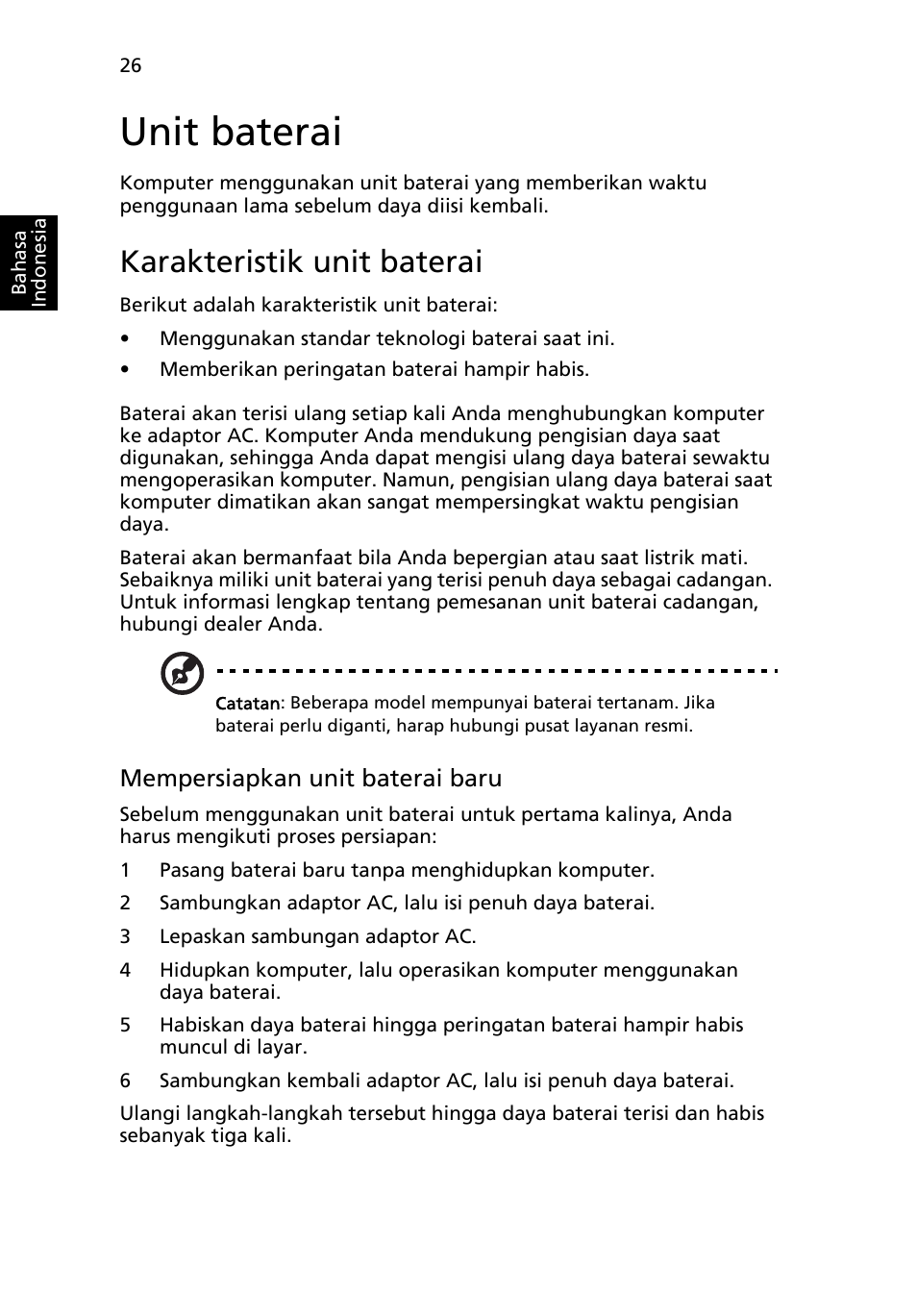 Unit baterai, Karakteristik unit baterai, Mempersiapkan unit baterai baru | Acer Aspire 4830G User Manual | Page 2244 / 2354