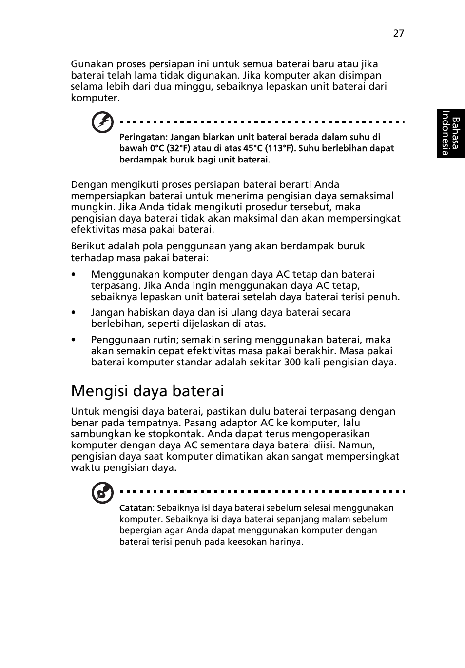 Mengisi daya baterai | Acer Aspire 4830G User Manual | Page 2245 / 2354