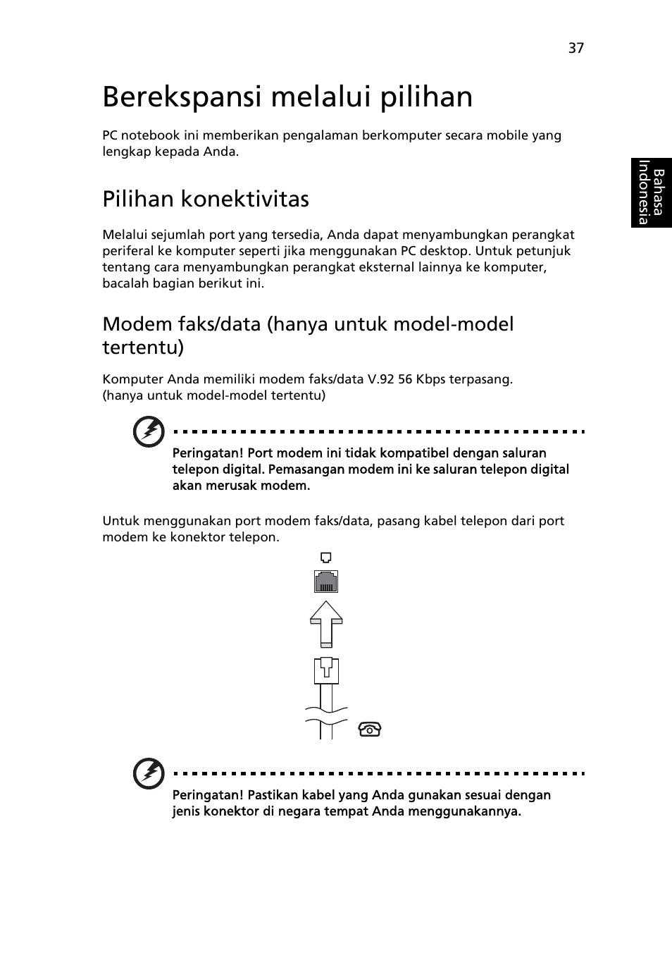 Berekspansi melalui pilihan, Pilihan konektivitas, Modem faks/data (hanya untuk model-model tertentu) | Acer Aspire 4830G User Manual | Page 2255 / 2354