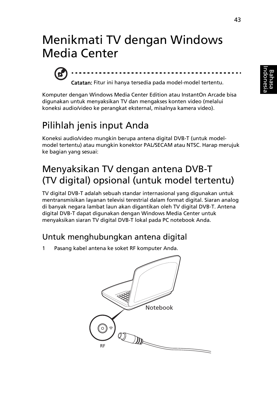 Menikmati tv dengan windows media center, Pilihlah jenis input anda, Menikmati tv dengan windows media center 43 | Untuk menghubungkan antena digital | Acer Aspire 4830G User Manual | Page 2261 / 2354