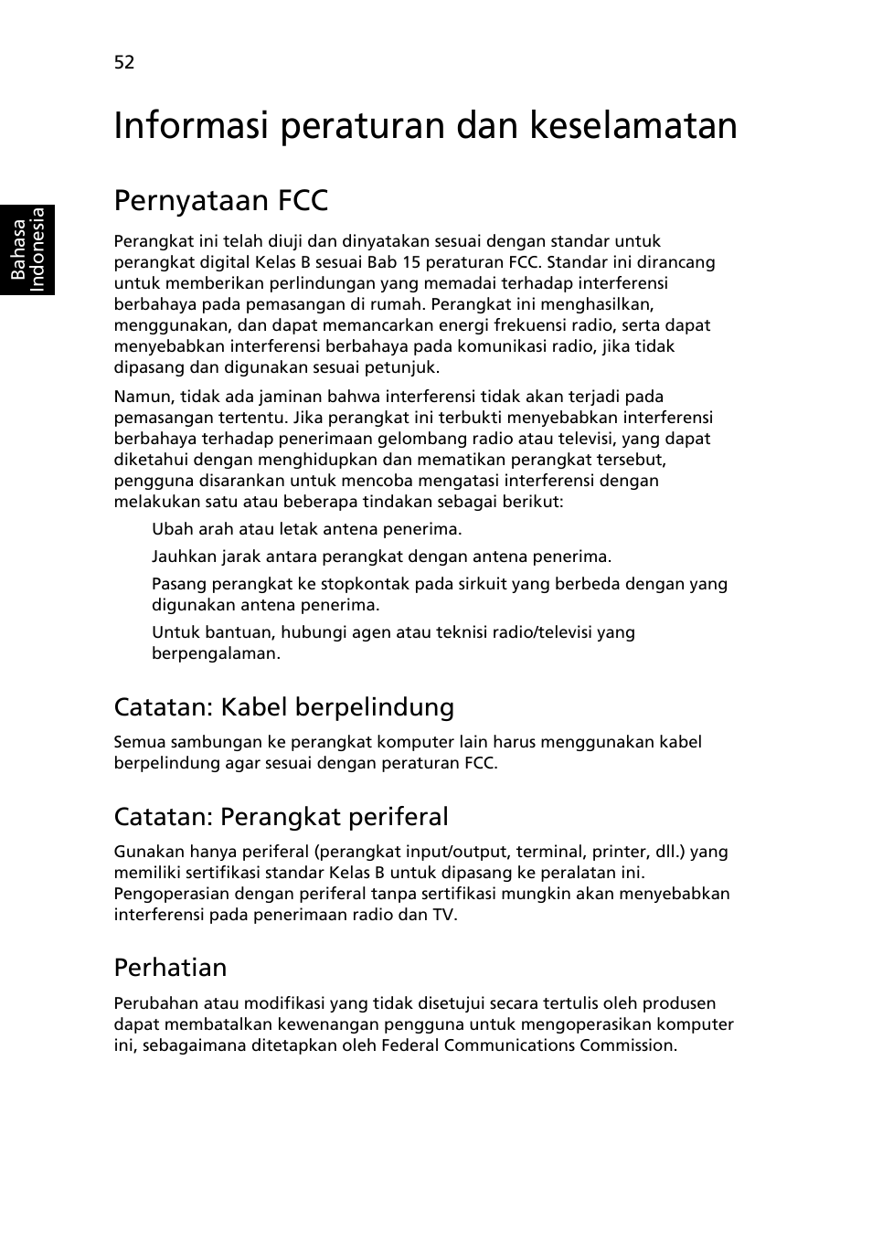 Informasi peraturan dan keselamatan, Pernyataan fcc, Catatan: kabel berpelindung | Catatan: perangkat periferal, Perhatian | Acer Aspire 4830G User Manual | Page 2270 / 2354