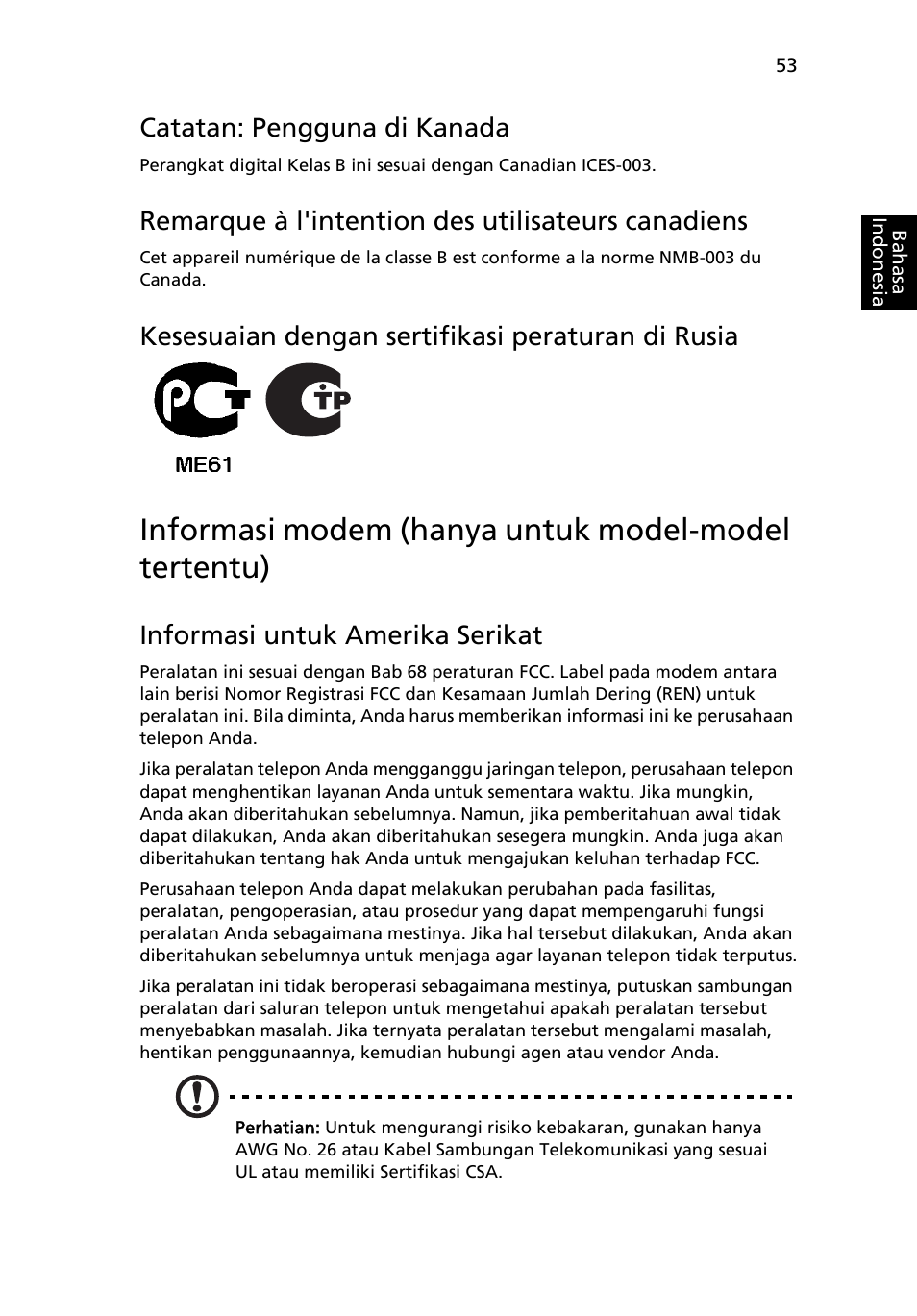 Informasi modem (hanya untuk model-model tertentu), Catatan: pengguna di kanada, Remarque à l'intention des utilisateurs canadiens | Kesesuaian dengan sertifikasi peraturan di rusia, Informasi untuk amerika serikat | Acer Aspire 4830G User Manual | Page 2271 / 2354