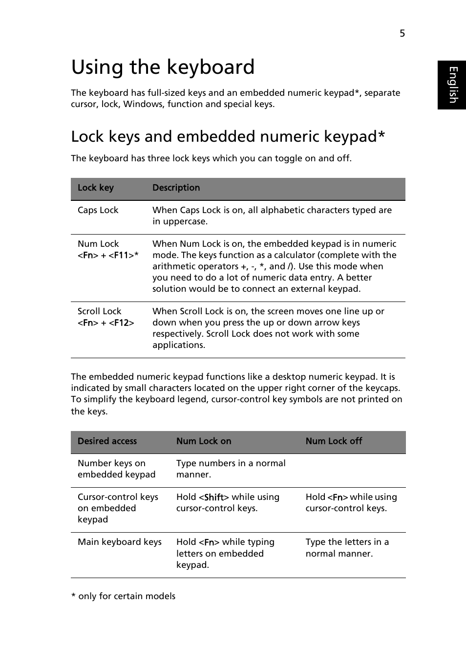 Using the keyboard, Lock keys and embedded numeric keypad | Acer Aspire 4830G User Manual | Page 23 / 2354