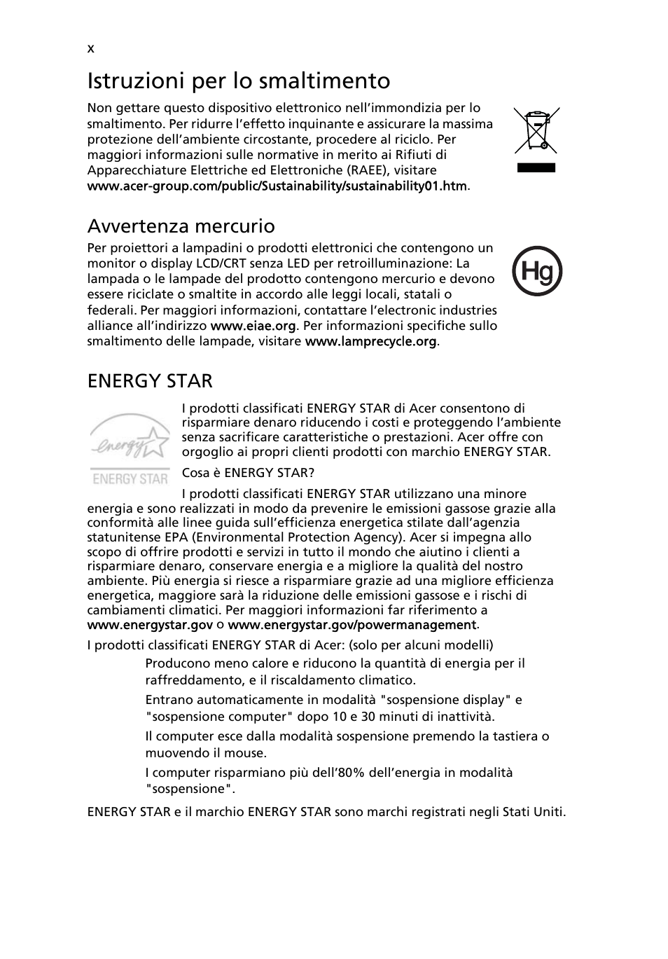 Istruzioni per lo smaltimento, Avvertenza mercurio, Energy star | Acer Aspire 4830G User Manual | Page 246 / 2354