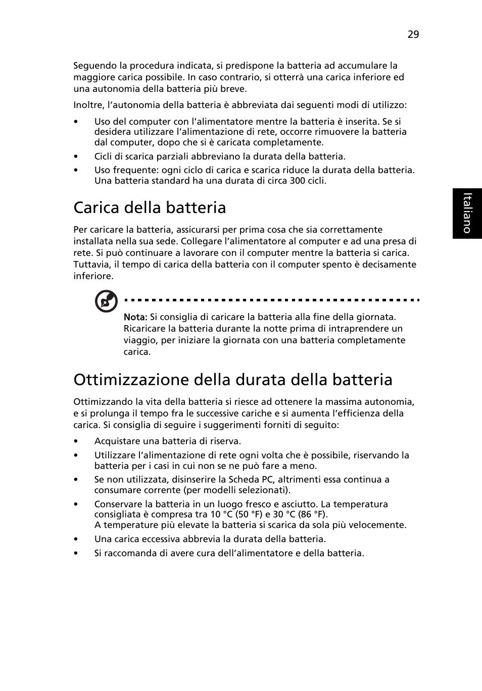 Carica della batteria, Ottimizzazione della durata della batteria | Acer Aspire 4830G User Manual | Page 285 / 2354