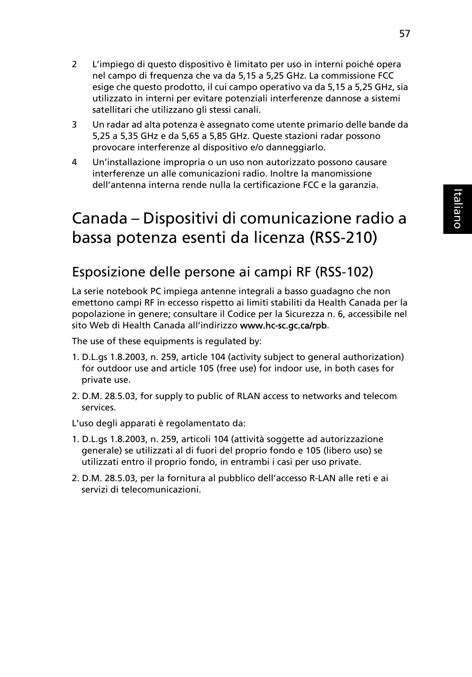 Esposizione delle persone ai campi rf (rss-102) | Acer Aspire 4830G User Manual | Page 313 / 2354