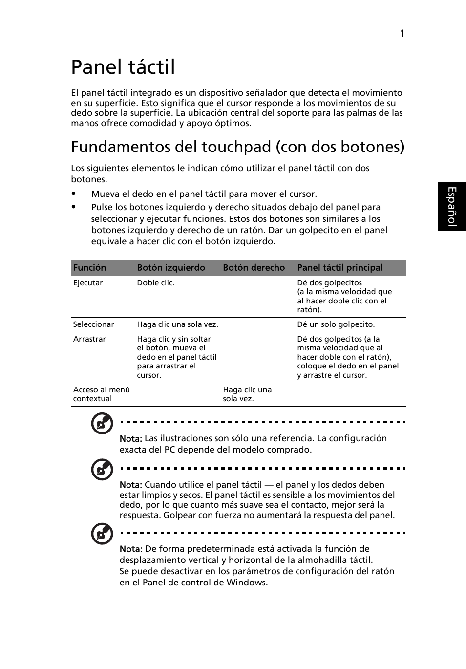 Panel táctil, Fundamentos del touchpad (con dos botones) | Acer Aspire 4830G User Manual | Page 335 / 2354