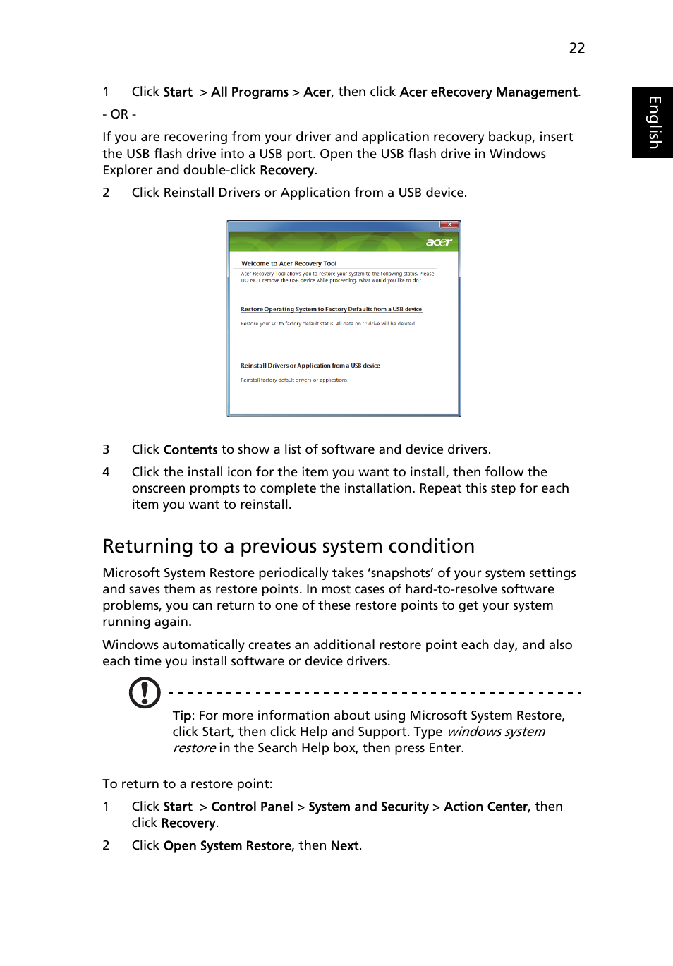 Returning to a previous system condition | Acer Aspire 4830G User Manual | Page 40 / 2354