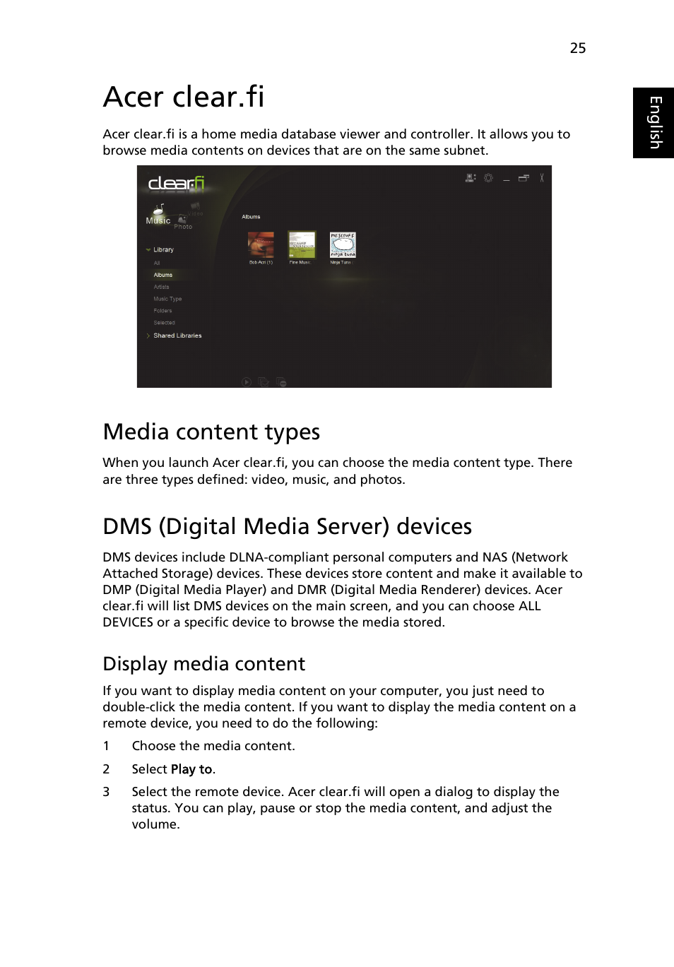 Acer clear.fi, Media content types, Dms (digital media server) devices | Display media content | Acer Aspire 4830G User Manual | Page 43 / 2354