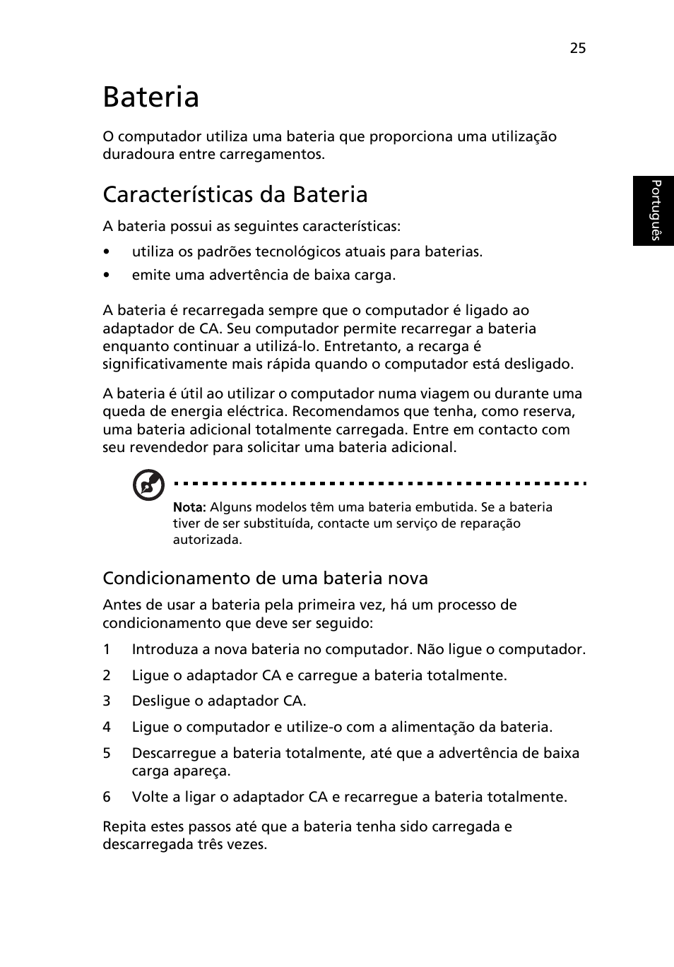 Bateria, Características da bateria, Condicionamento de uma bateria nova | Acer Aspire 4830G User Manual | Page 437 / 2354