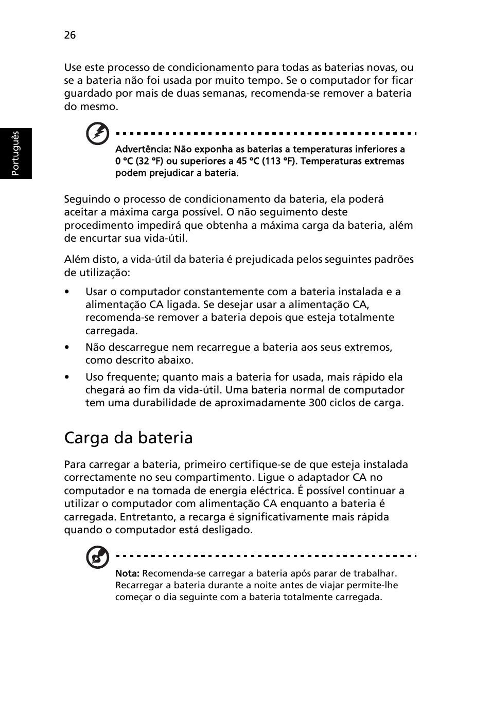 Carga da bateria | Acer Aspire 4830G User Manual | Page 438 / 2354