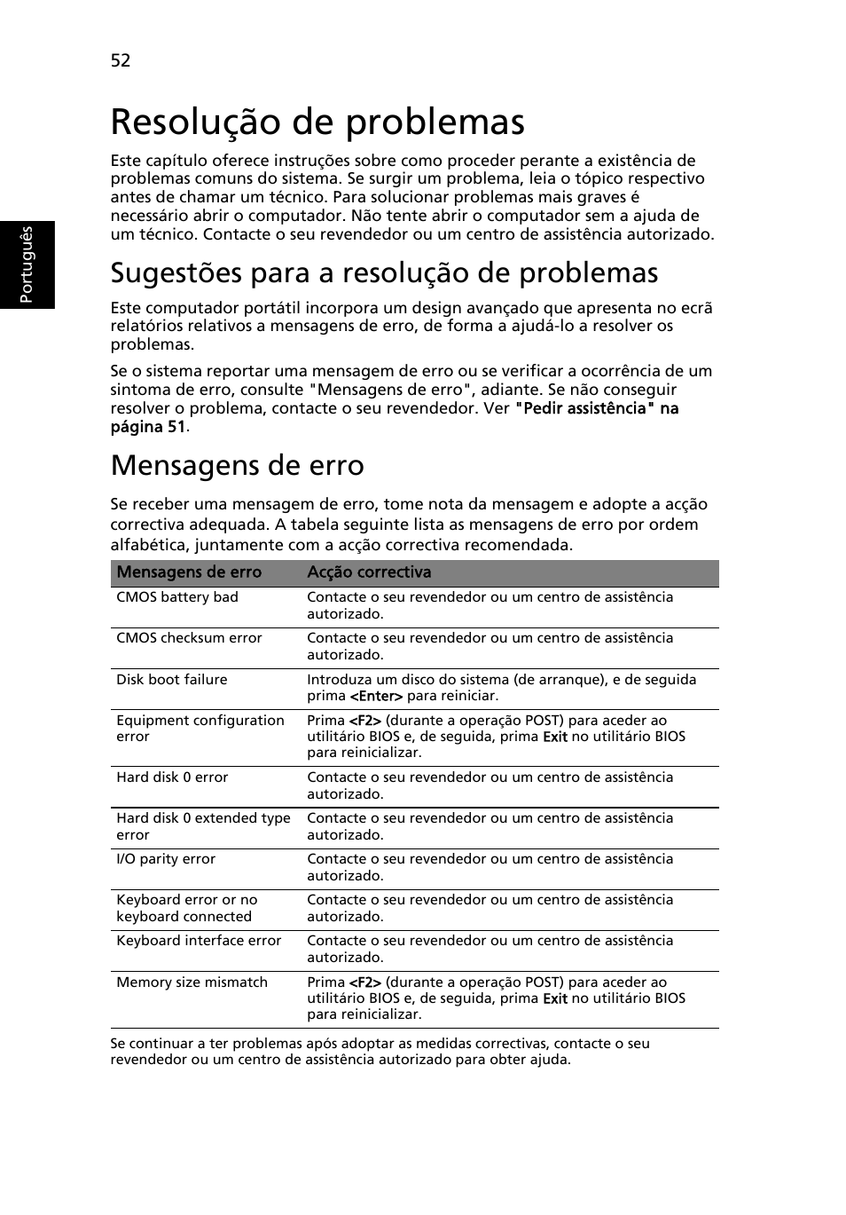 Resolução de problemas, Sugestões para a resolução de problemas, Mensagens de erro | Port ugu ês | Acer Aspire 4830G User Manual | Page 464 / 2354