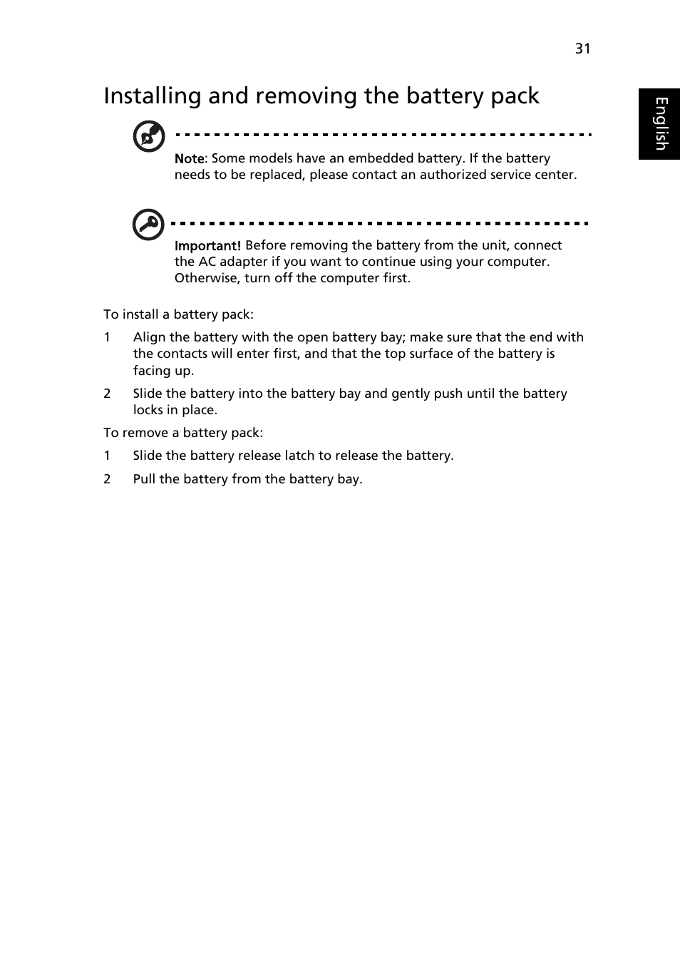 Installing and removing the battery pack | Acer Aspire 4830G User Manual | Page 49 / 2354