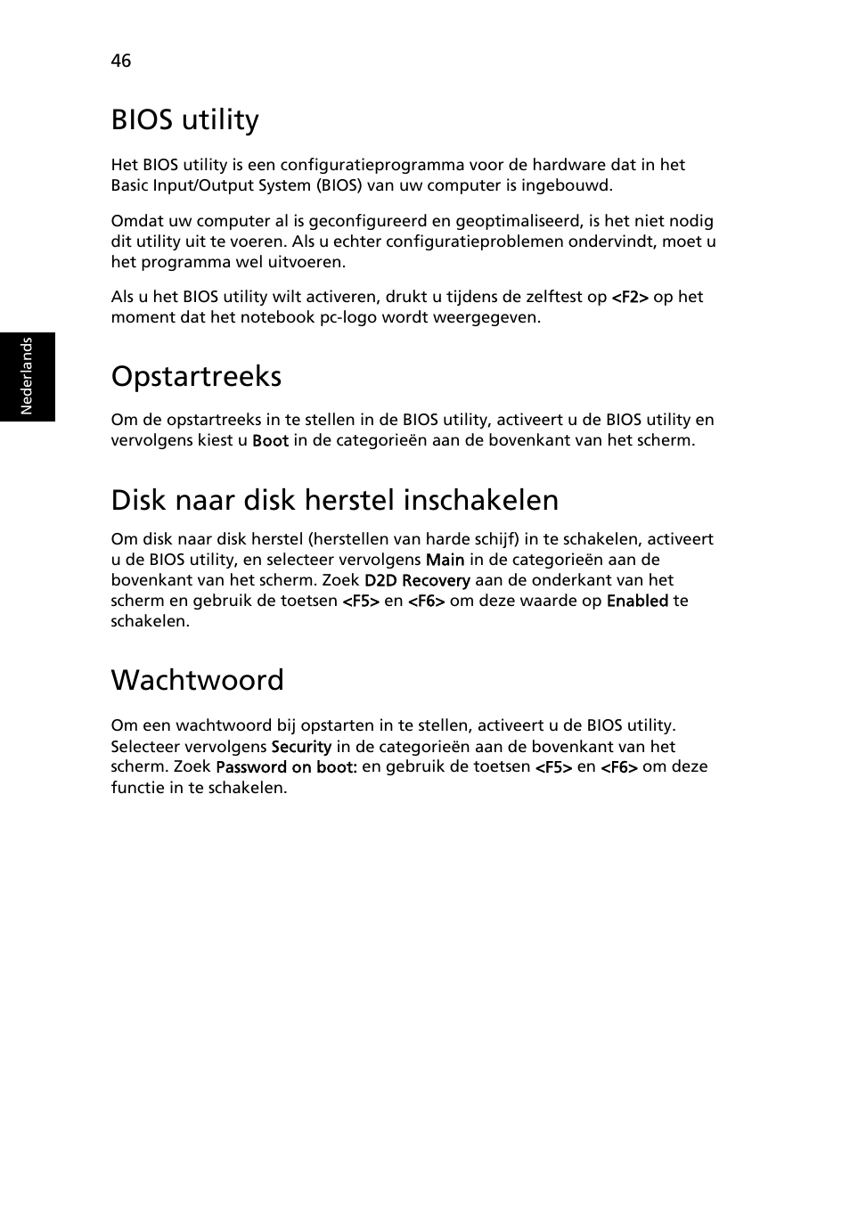 Bios utility, Opstartreeks, Disk naar disk herstel inschakelen | Wachtwoord | Acer Aspire 4830G User Manual | Page 536 / 2354