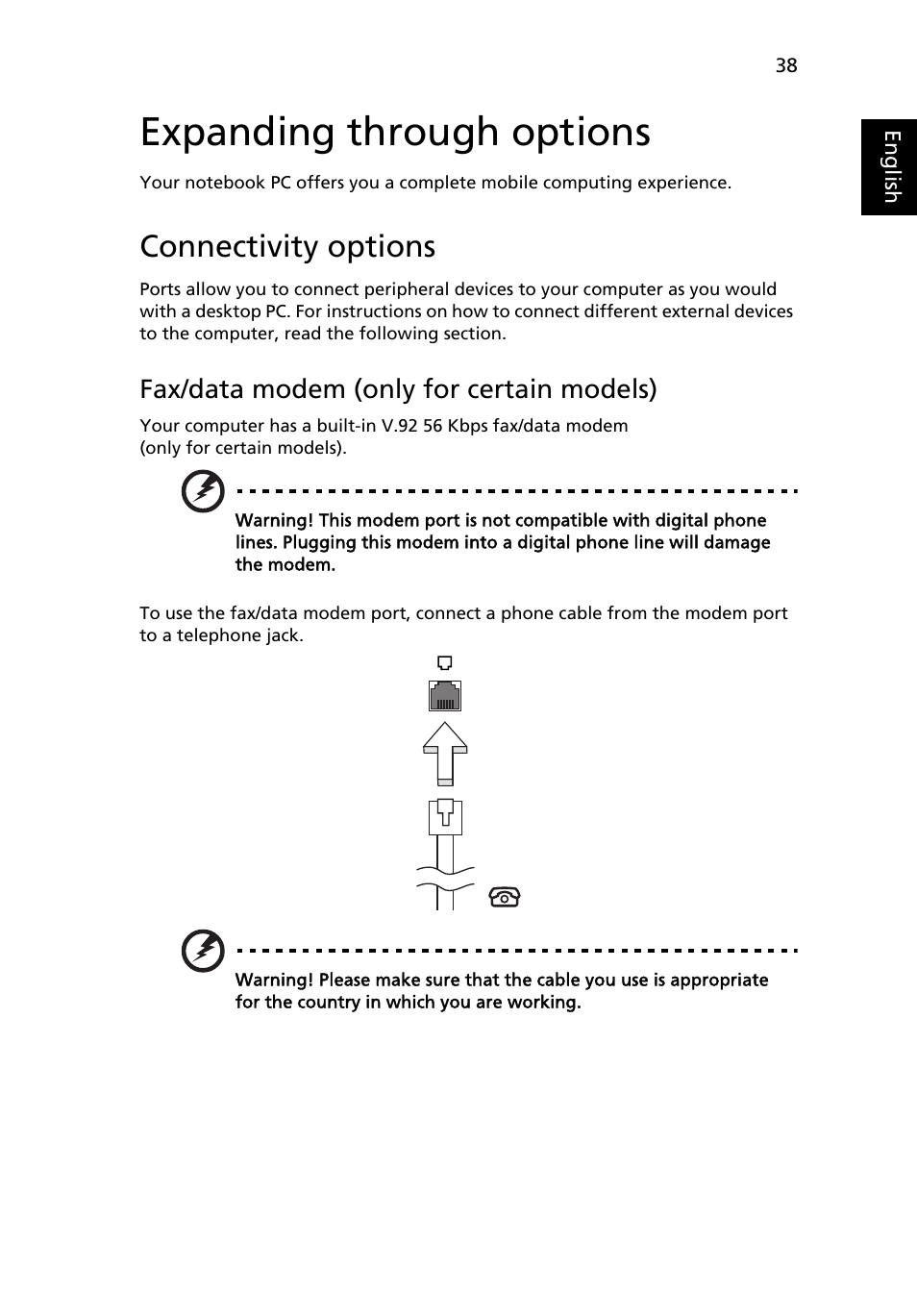 Expanding through options, Connectivity options, Fax/data modem (only for certain models) | Acer Aspire 4830G User Manual | Page 56 / 2354