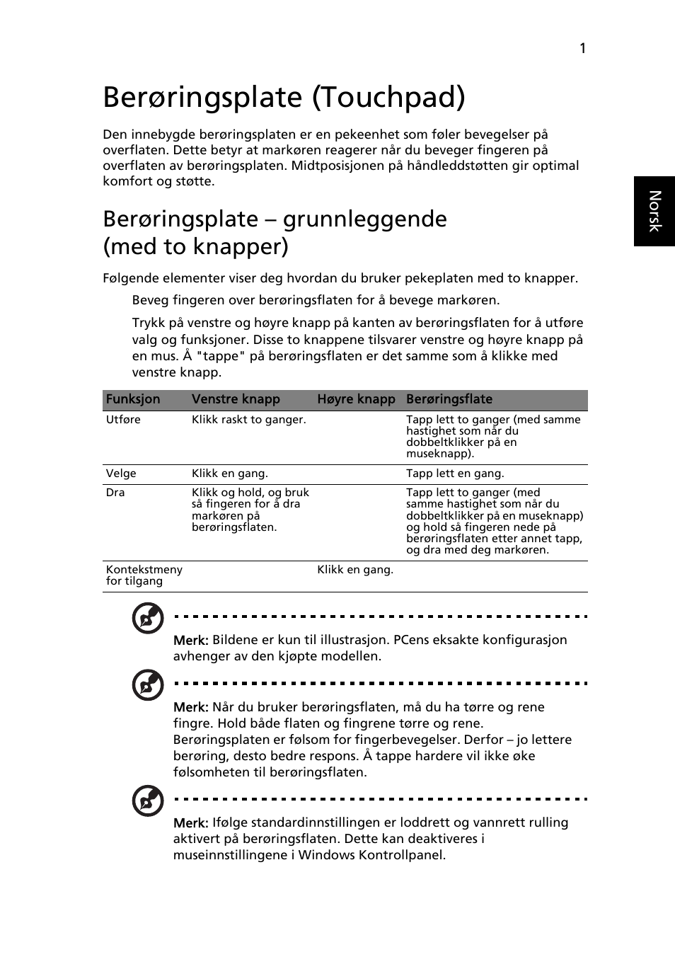 Berøringsplate (touchpad), Berøringsplate - grunnleggende (med to knapper), Berøringsplate – grunnleggende (med to knapper) | Acer Aspire 4830G User Manual | Page 567 / 2354