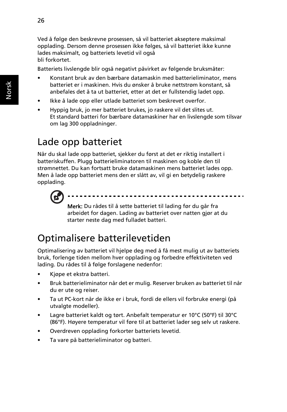 Lade opp batteriet, Optimalisere batterilevetiden | Acer Aspire 4830G User Manual | Page 592 / 2354