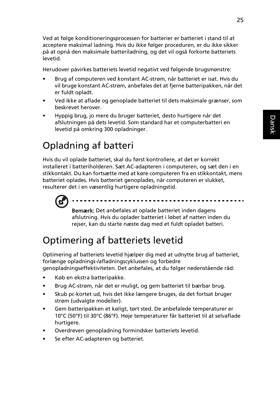 Opladning af batteri, Optimering af batteriets levetid | Acer Aspire 4830G User Manual | Page 663 / 2354