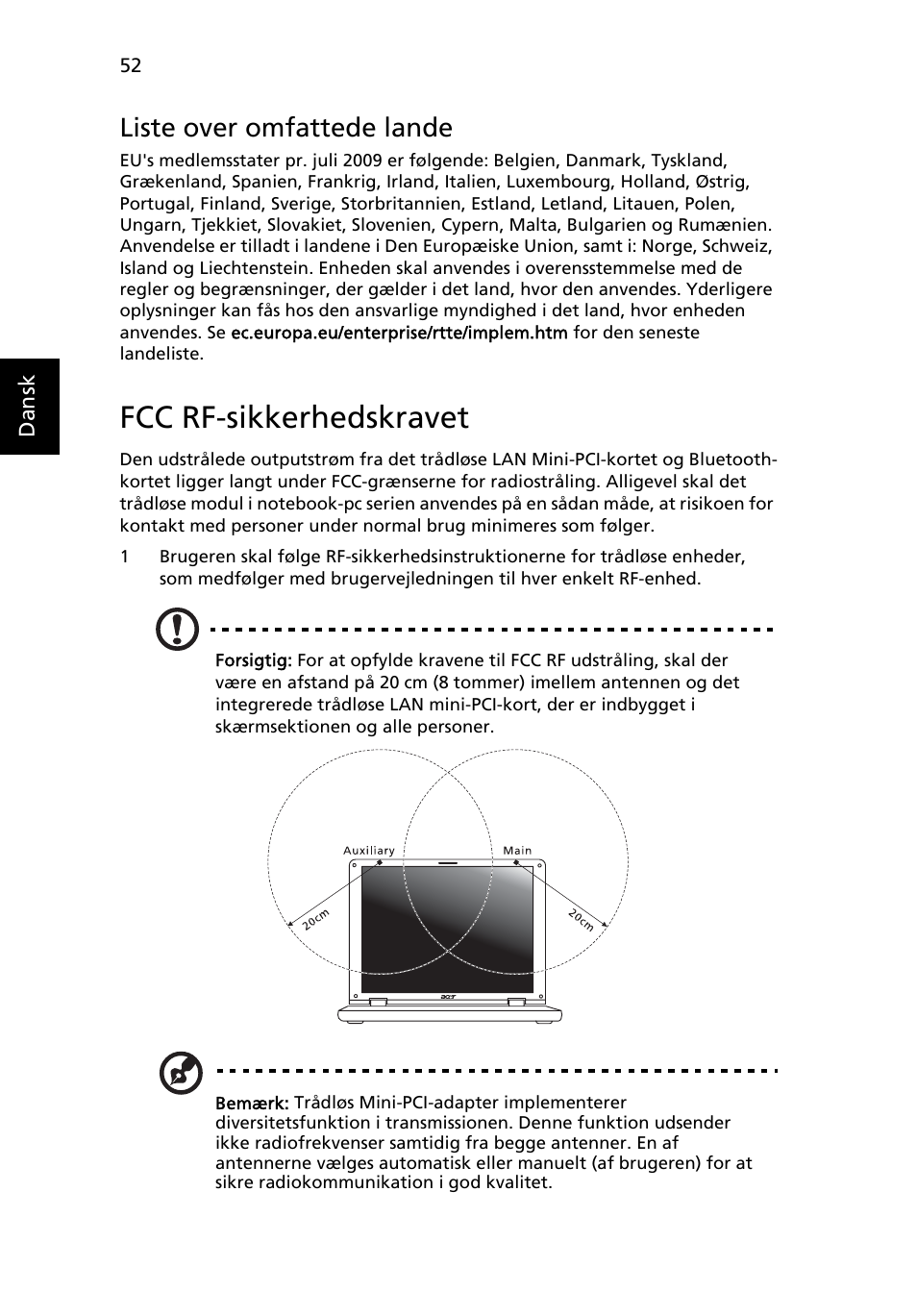 Fcc rf-sikkerhedskravet, Liste over omfattede lande | Acer Aspire 4830G User Manual | Page 690 / 2354