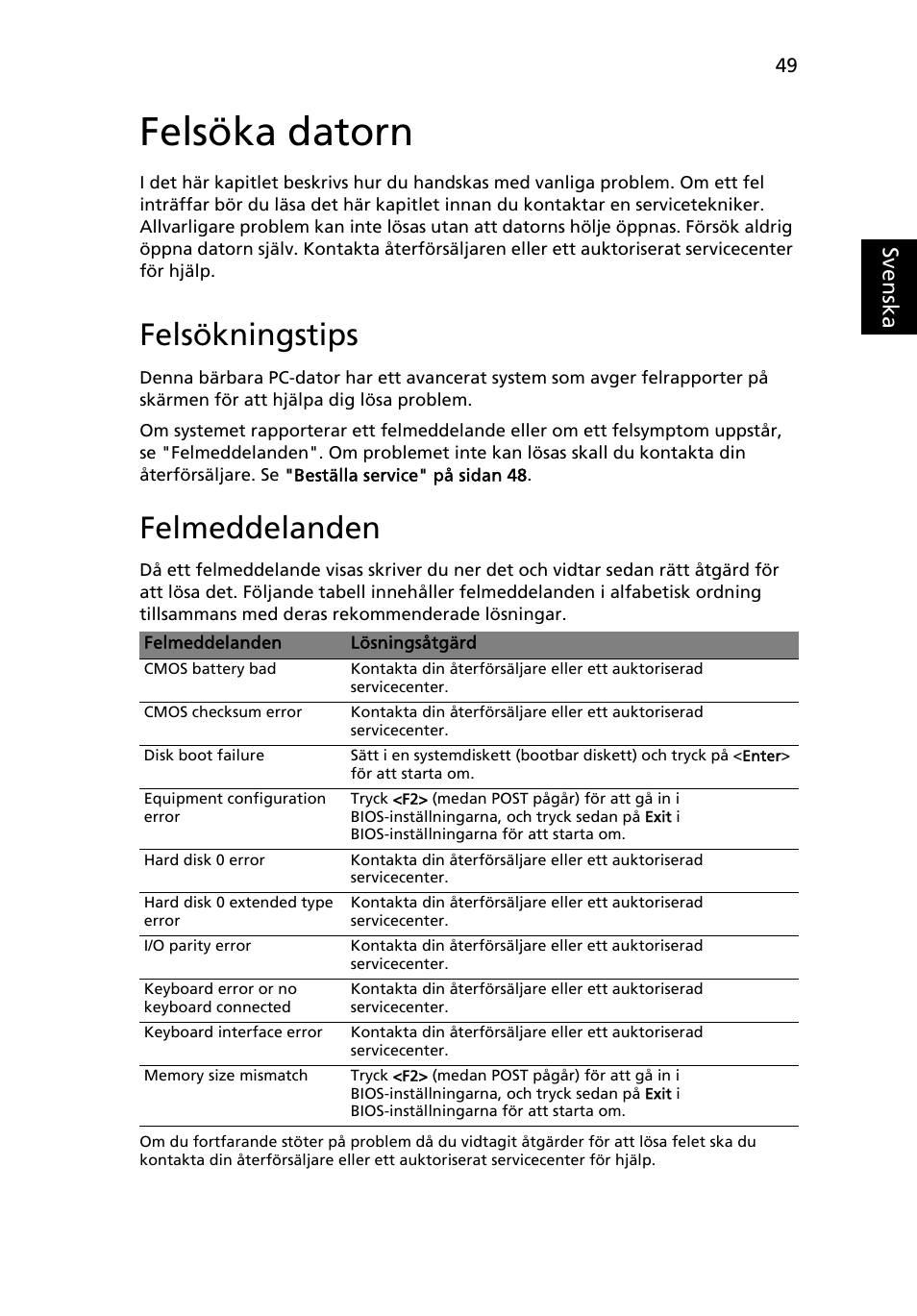 Felsöka datorn, Felsökningstips, Felmeddelanden | Eng lish sv en ska | Acer Aspire 4830G User Manual | Page 761 / 2354