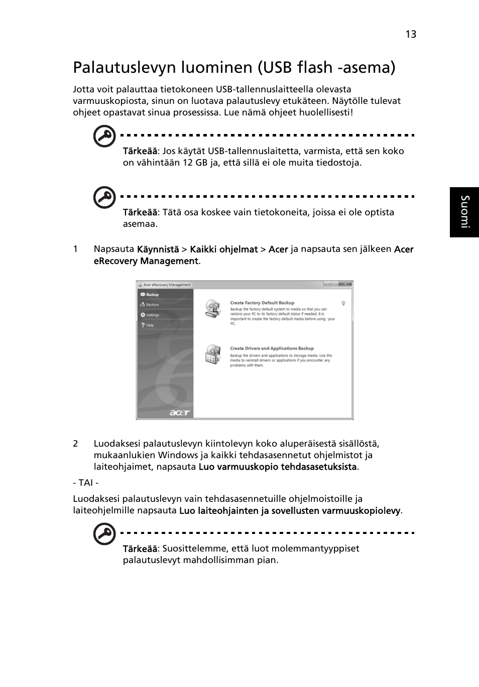 Palautuslevyn luominen (usb flash -asema) | Acer Aspire 4830G User Manual | Page 799 / 2354