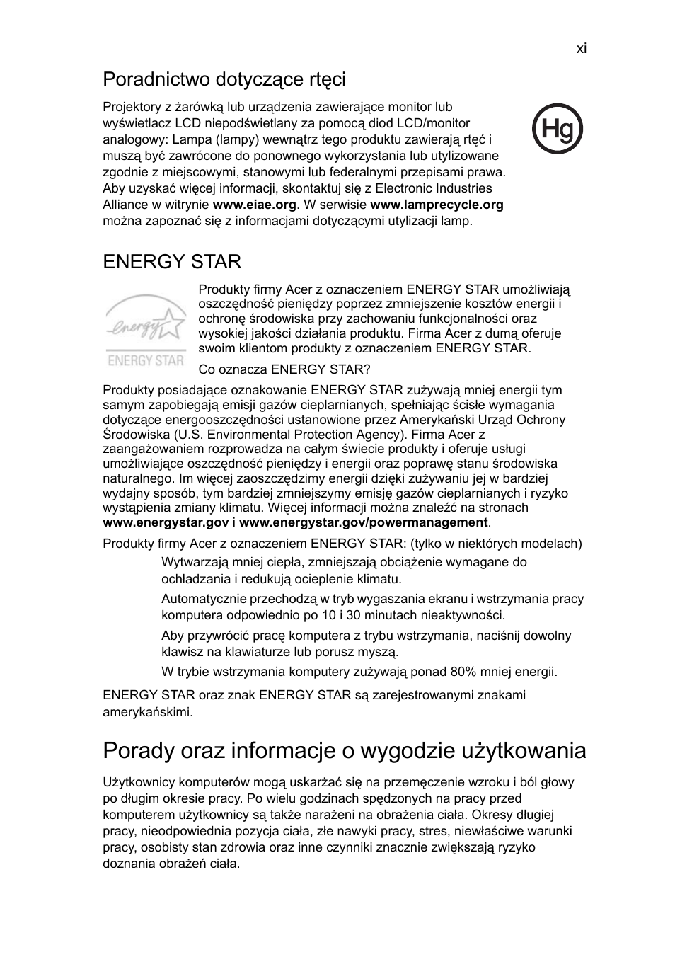 Porady oraz informacje o wygodzie użytkowania, Poradnictwo dotyczące rtęci, Energy star | Acer Aspire 4830G User Manual | Page 931 / 2354