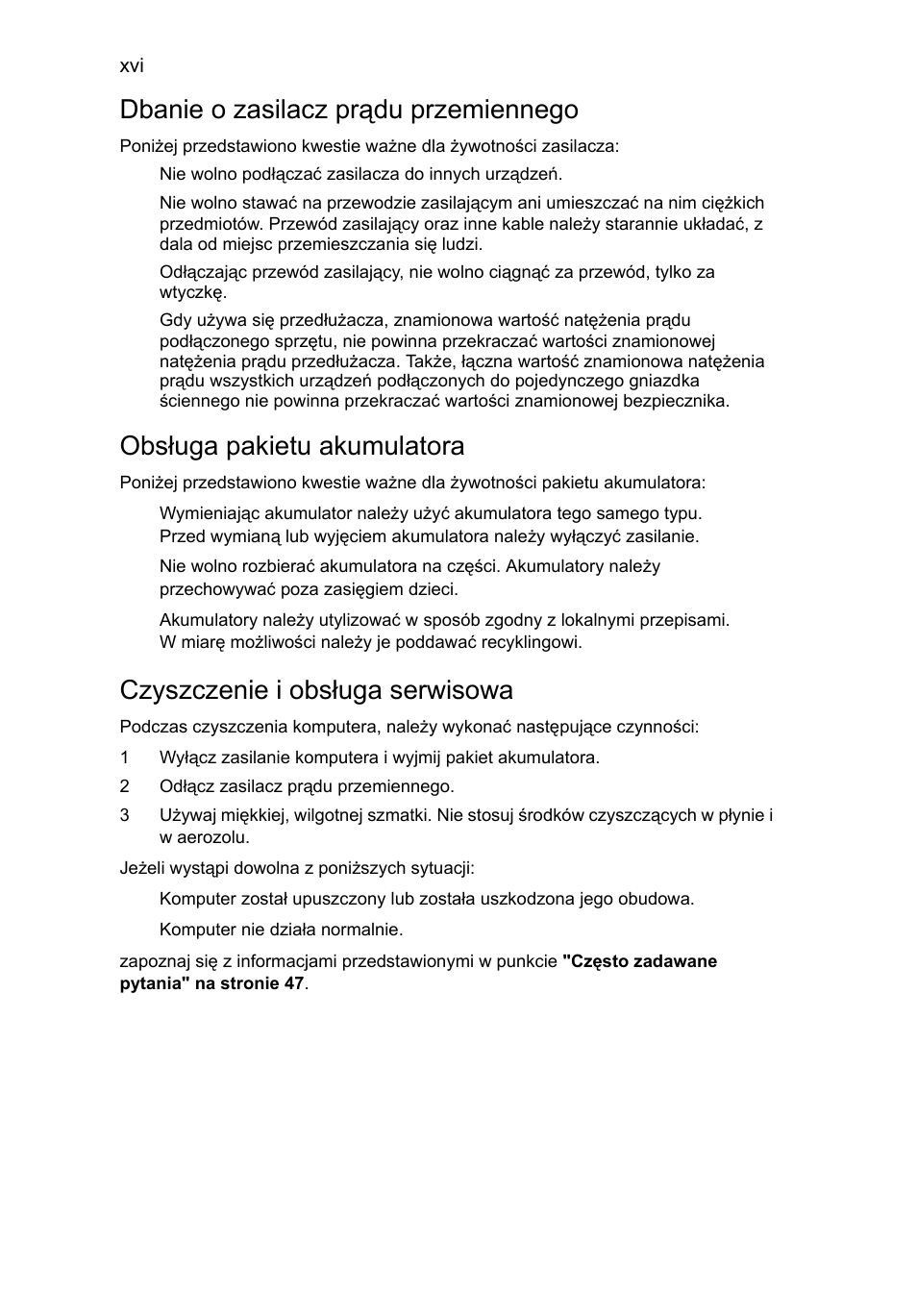 Dbanie o zasilacz prądu przemiennego, Obsługa pakietu akumulatora, Czyszczenie i obsługa serwisowa | Acer Aspire 4830G User Manual | Page 936 / 2354