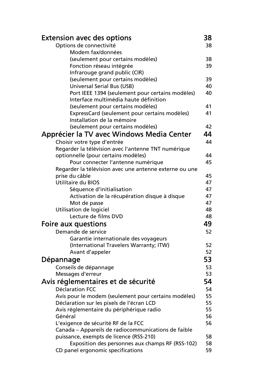 Extension avec des options 38, Apprécier la tv avec windows media center 44, Foire aux questions 49 | Dépannage 53, Avis réglementaires et de sécurité 54 | Acer Aspire 4830G User Manual | Page 97 / 2354