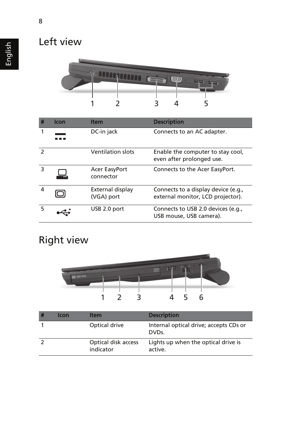 Left view, Right view, Left view right view | Acer TravelMate 8372 User Manual | Page 10 / 314